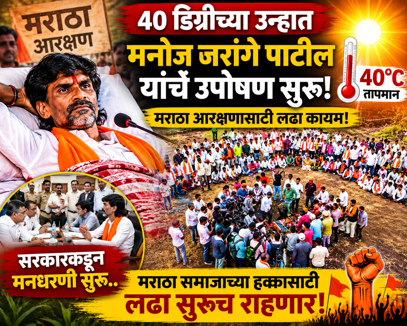 40 डिग्रीच्या उन्हात मनोज जरांगे पाटील यांचे उपोषण सुरु; सरकारकडून मनधरणी सुरू..