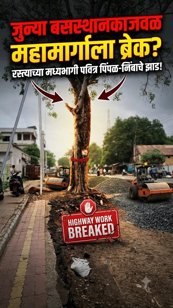 जुन्या बसस्थानकाजवळ रस्त्याच्या मध्यभागी पिंपळ-निंबाची झाडेमहामार्गाच्या कामालाच ब्रेक? इतर झाडांवर कुऱ्हाड, मात्र या दोन वृक्षांवर मेहरबानी का? अतिक्रमण, वाहतूक कोंडी व अपघाताच्या धोक्याने नागरिक संतप्त